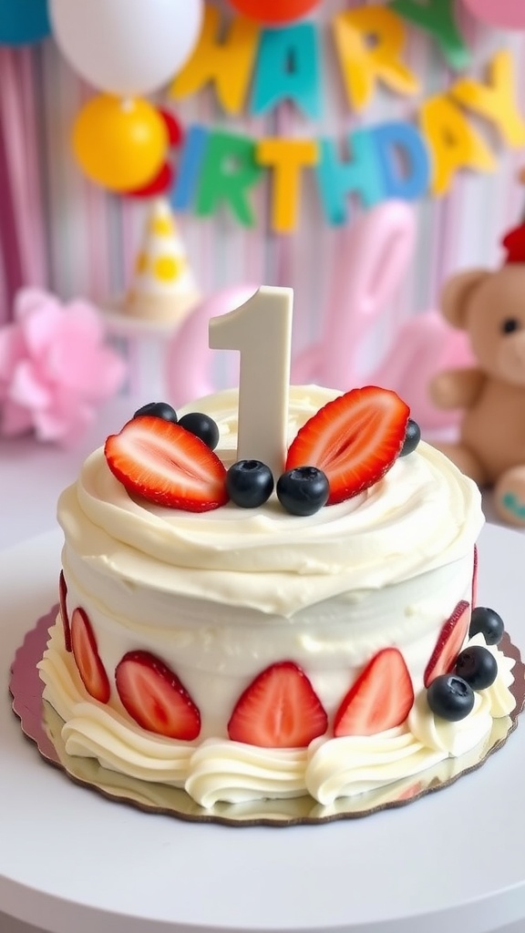 A small smash cake for a first birthday, topped with yogurt frosting and fresh fruits, set against a festive backdrop.